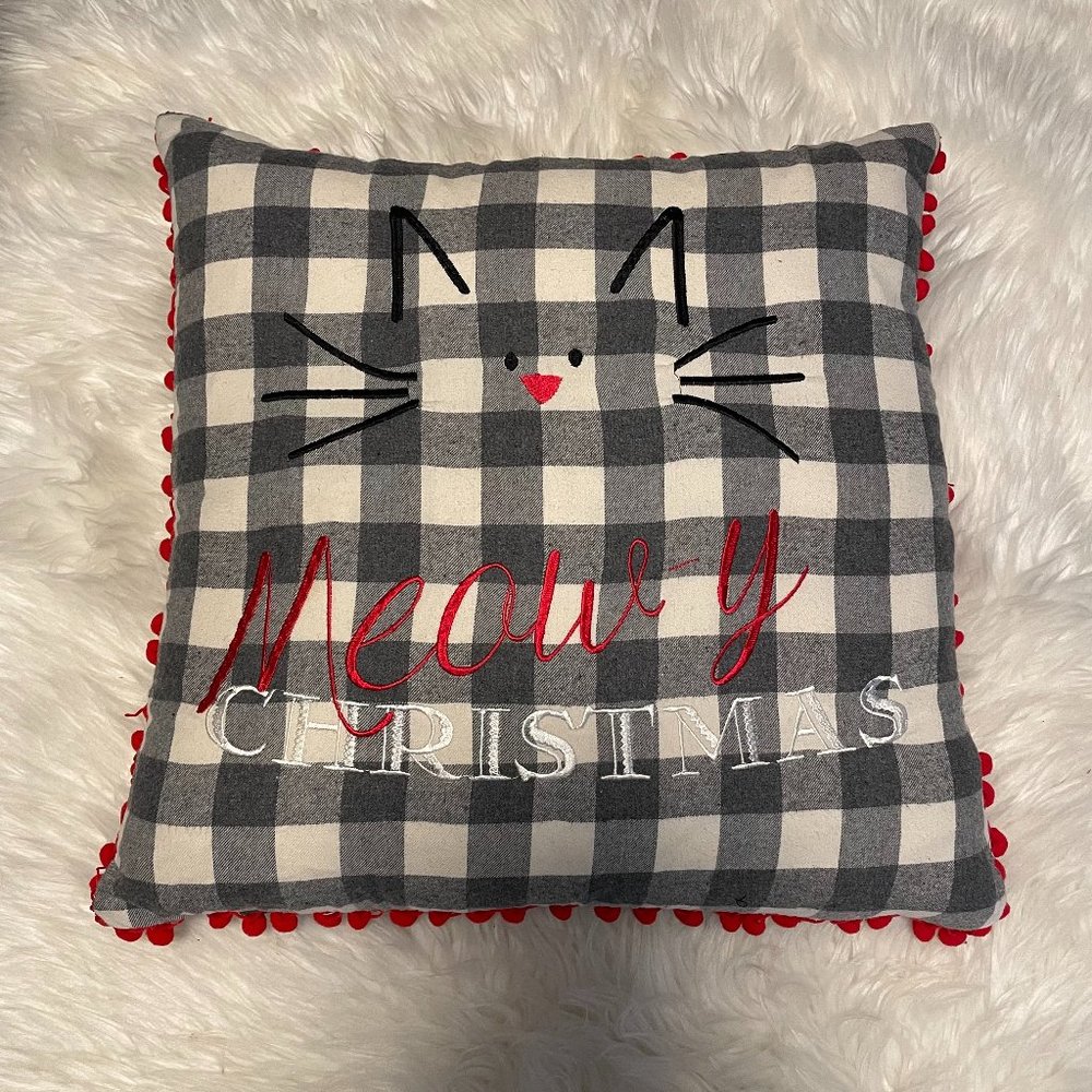 Meow-y Christmas Grey Plaid Pillow